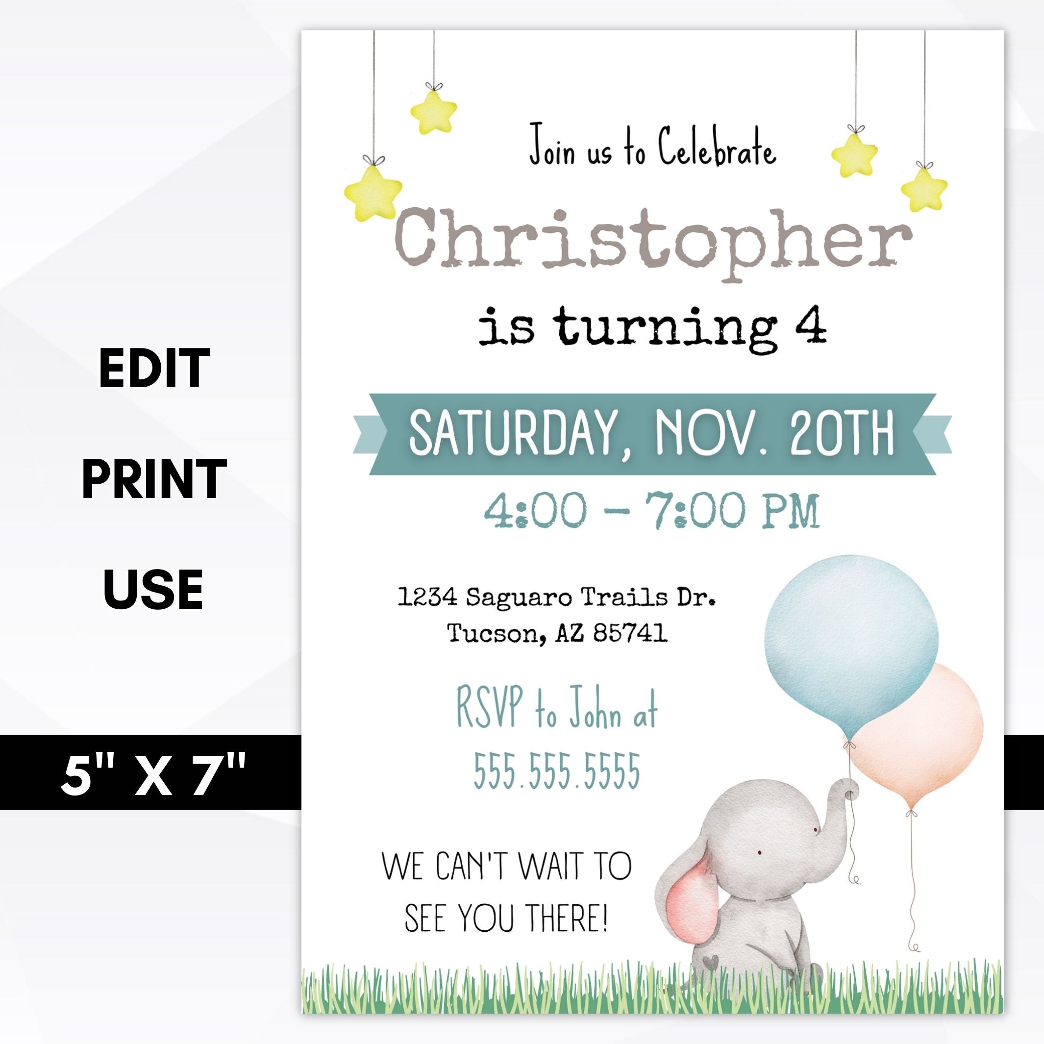 Elephant Boy Baby Shower Invitation Template, Blue Balloons Baby Showe –  partyrainbow