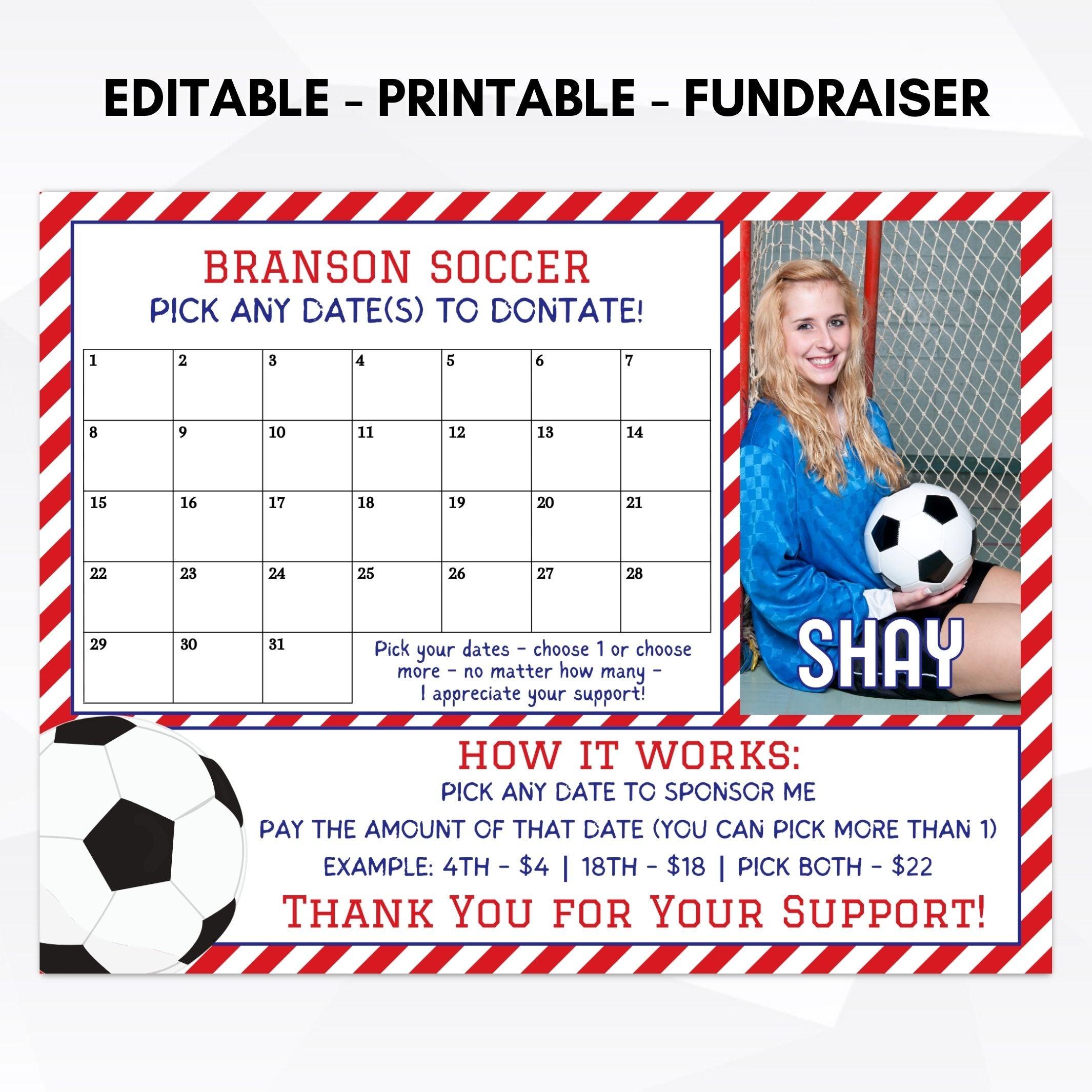 Editable Pick A Date To Donate Soccer Fundraiser Calendar 