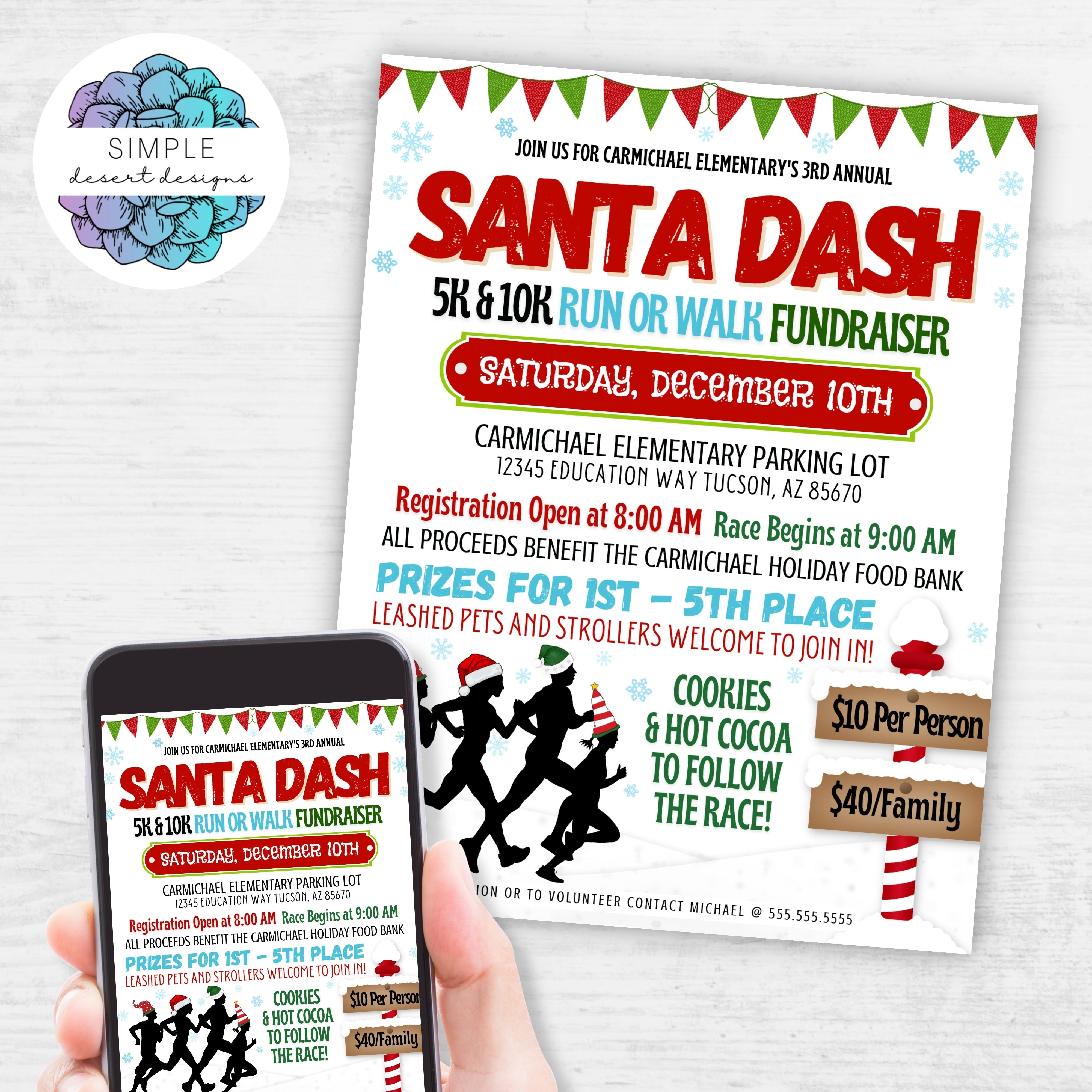 Santa Run Flyer, Christmas Race, Santa Dash, School Church selling Pto Pta Fundraiser, Xmas Event Editable Template, Holiday Party, DIY Self-Editing