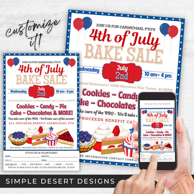 red white and blue patriotic 4th of july bake sale flyers