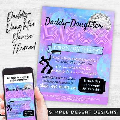 fun daddy daughter dance 70s disco theme event flyer invitations for school church or community father daughter dance