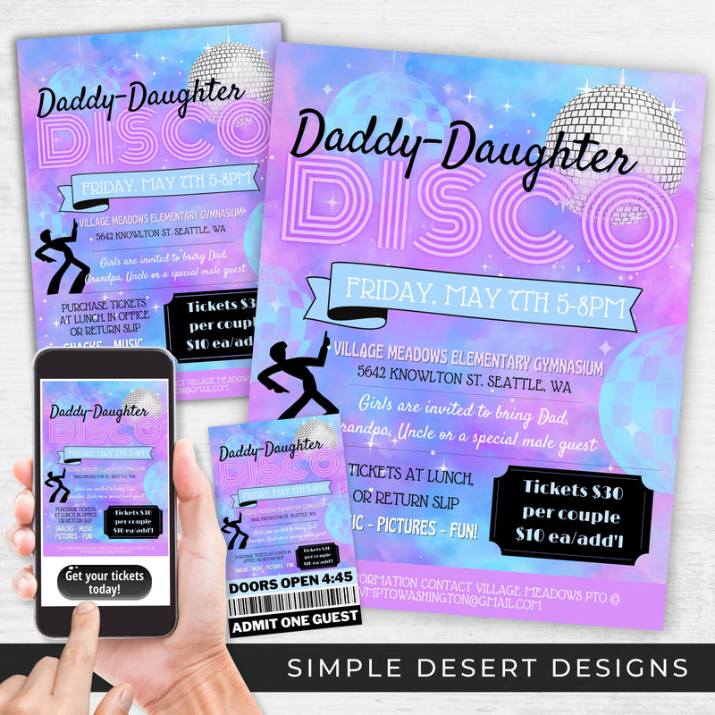 fun 70s disco decades father daughter dance flyers ticket template bundle