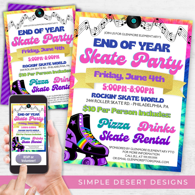 colorful rollerskating party invitation for school party end of year