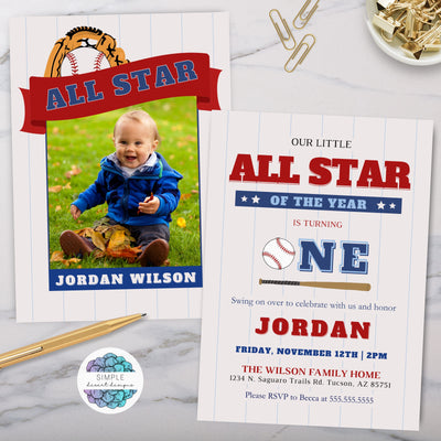 all star baseball first birthday party invitation with photo