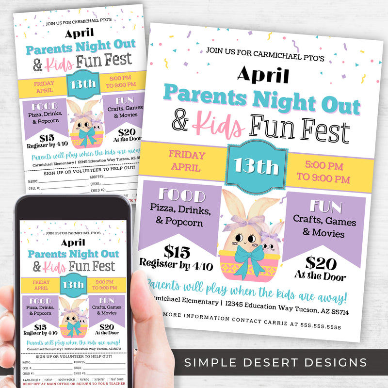 customized parents night out flyers for school church or community fundraising events in spring