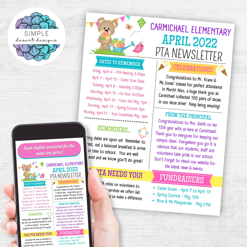 spring theme newsletter template for school church preschool daycare handouts