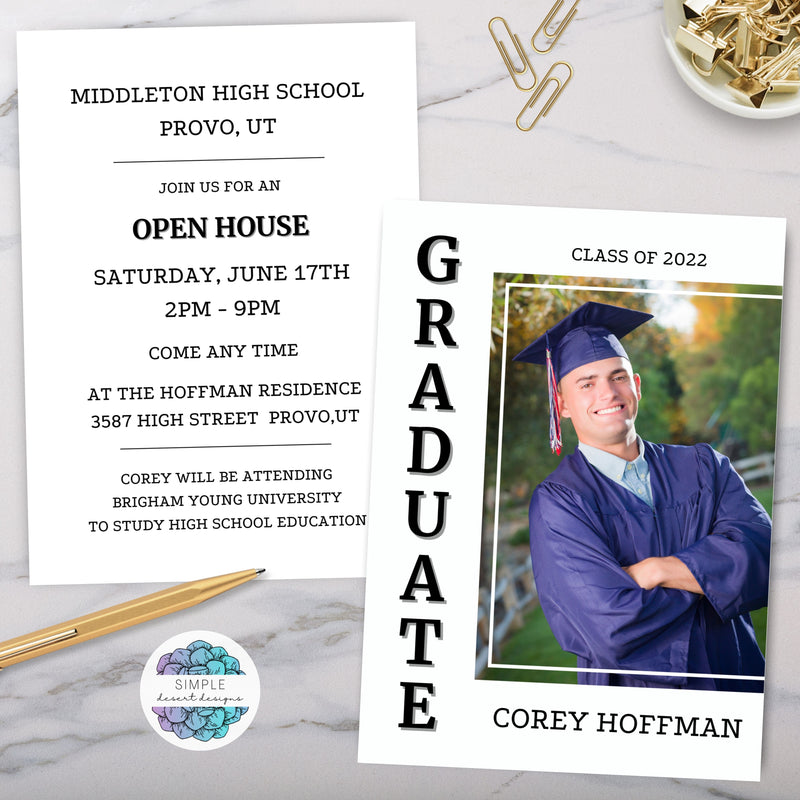 minimalist one photo graduation announcement party invitations for high school college university