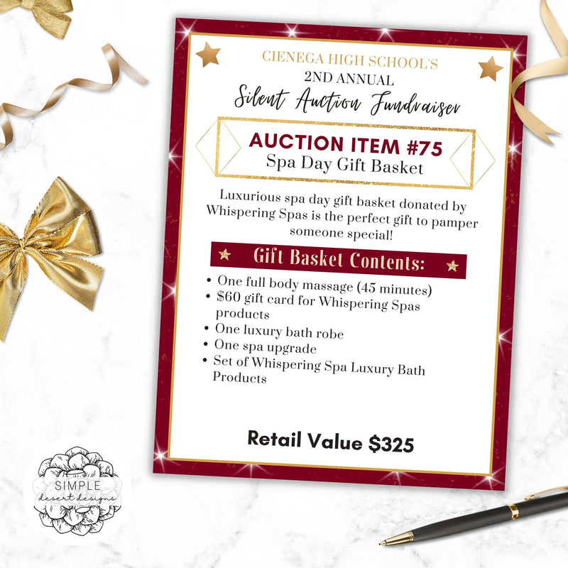 red and gold fancy auction basket sign template for fundraising events