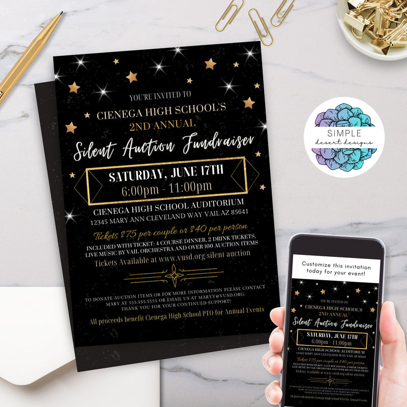 elegant black and gold auction event fundraiser invitations