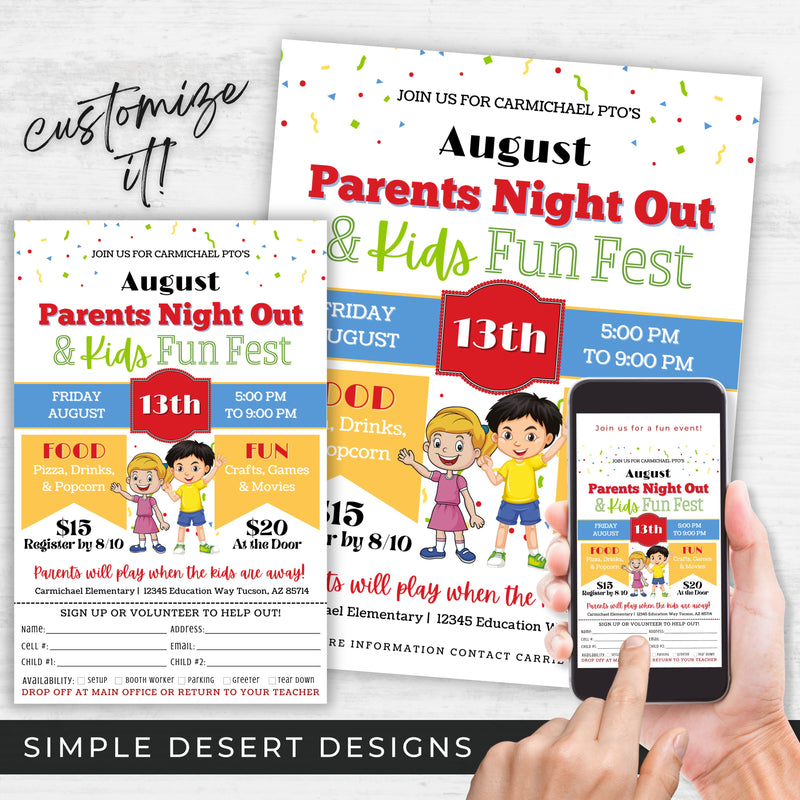 cute parents night out flyer set for back to school or pto pta fundraiser