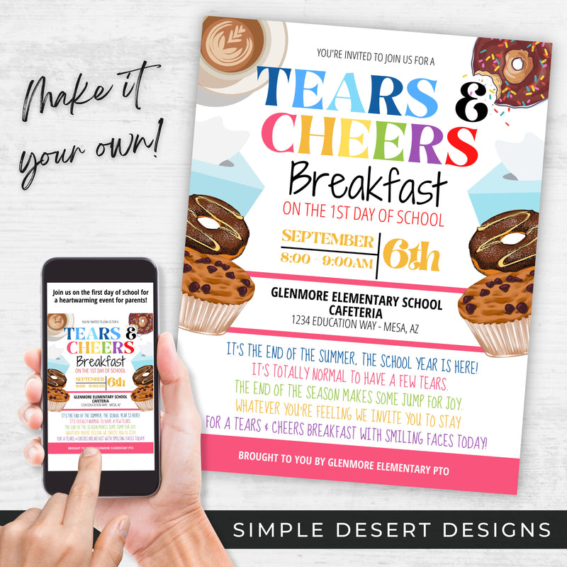 cute back to school event flyers for tears and cheers breakfast events