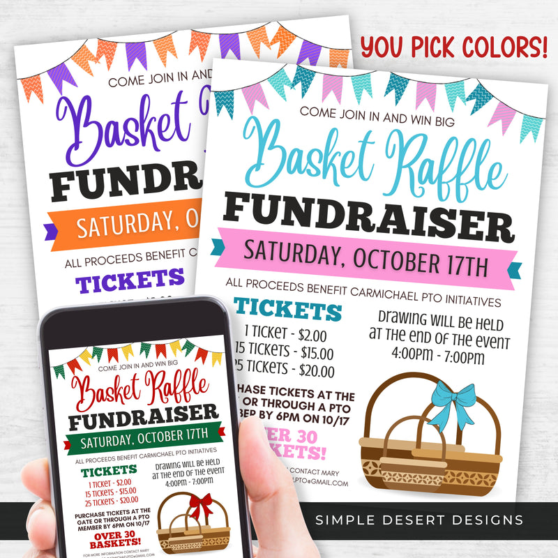 pick your colors basket raffle flyers for any theme or holiday fundraiser