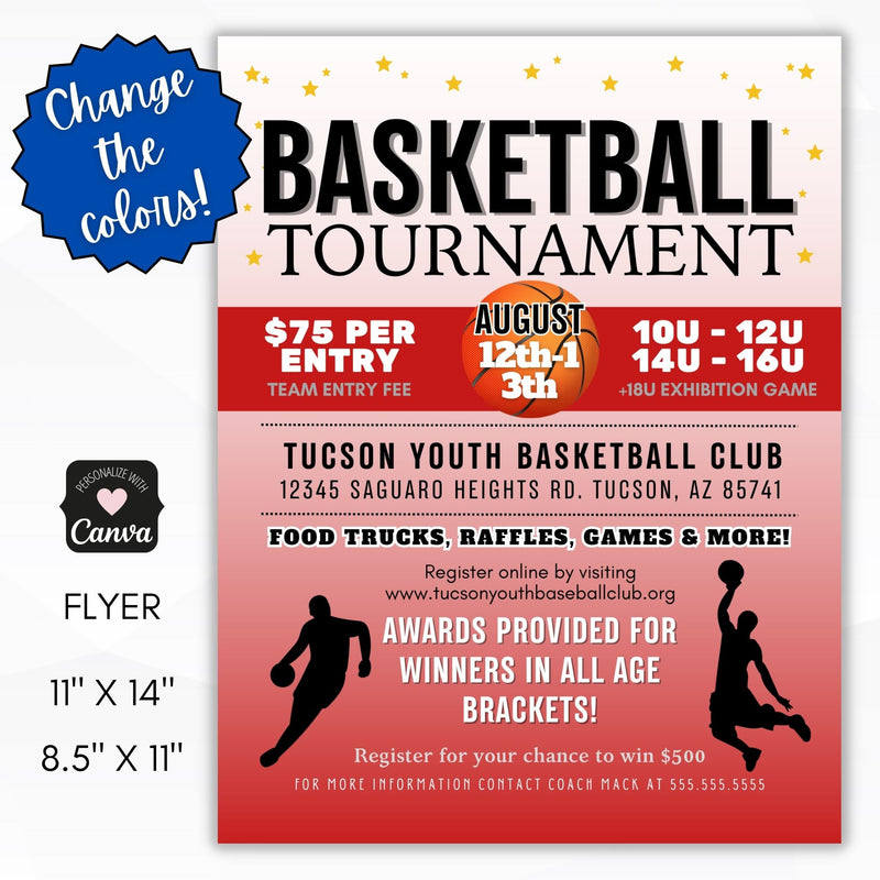 red and black basketball tournament flyer for school or club teams