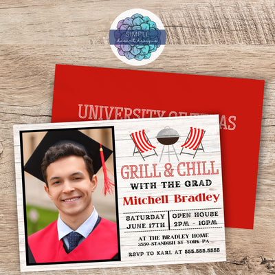 personalized grill and chill barbeque grad party invitation with photo