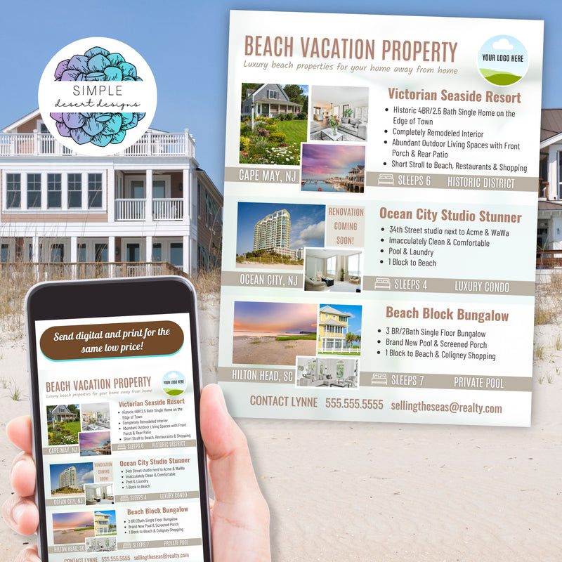 3 property real estate flyer brochure for printing digital mailer air bnb vrbo home rental properties