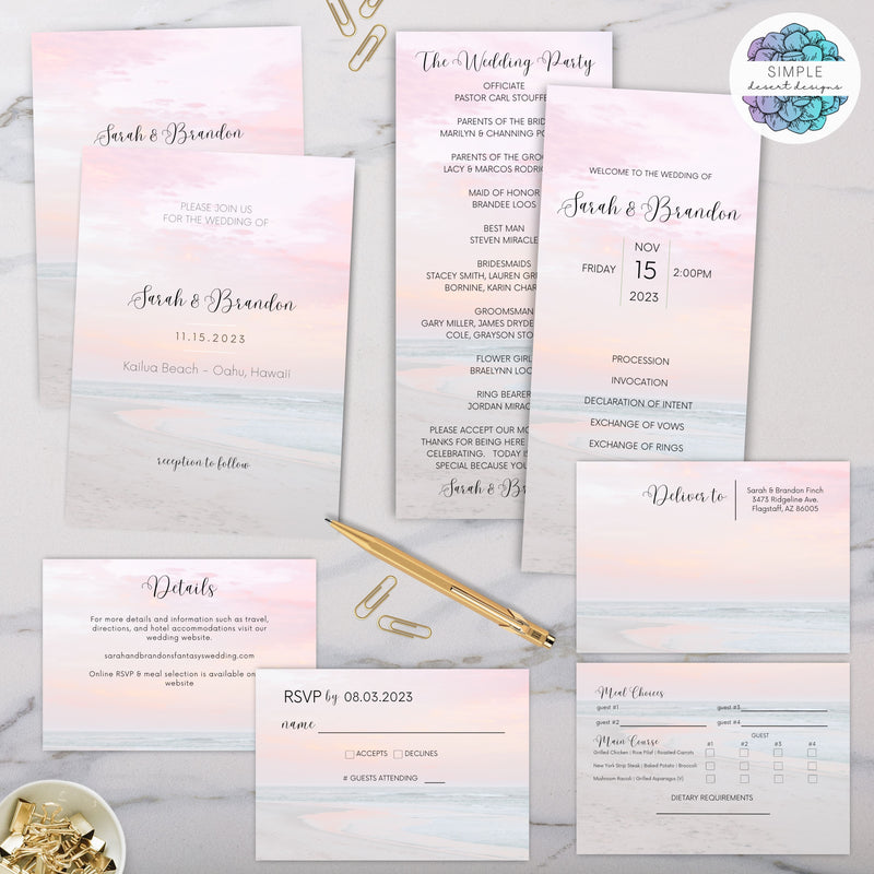 elegant minimalist beach theme wedding invitation suite with program and card inserts