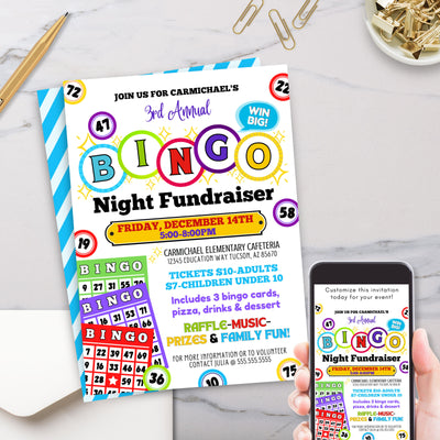 bingo night party invitations for fundraiser charity or bingo event