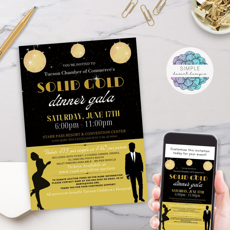 elegant black and gold retro vintage formal charity event invitations