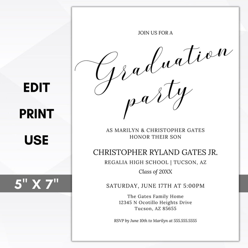 black and white graduation invitation for any elegant grad party with no photo