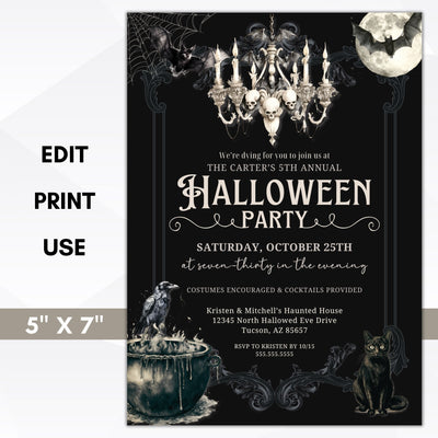 black halloween party invitations with elegant gothic graphics