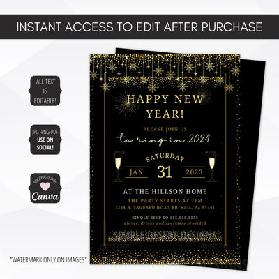 elegant black and gold happy new year party invitations for holiday office party