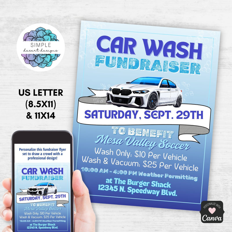 blue and turquoise car wash fundraiser flyers set