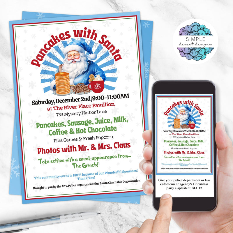 colorful pancakes with santa invitation for police department or law enforcement holiday party