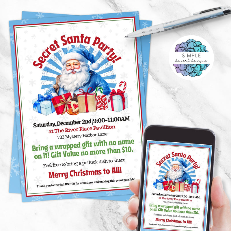 cute blue santa claus secret santa party invites digital and printed