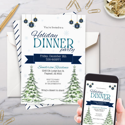 elegant blue holiday dinner party invitation with editable text and title for office party or christmas celebration