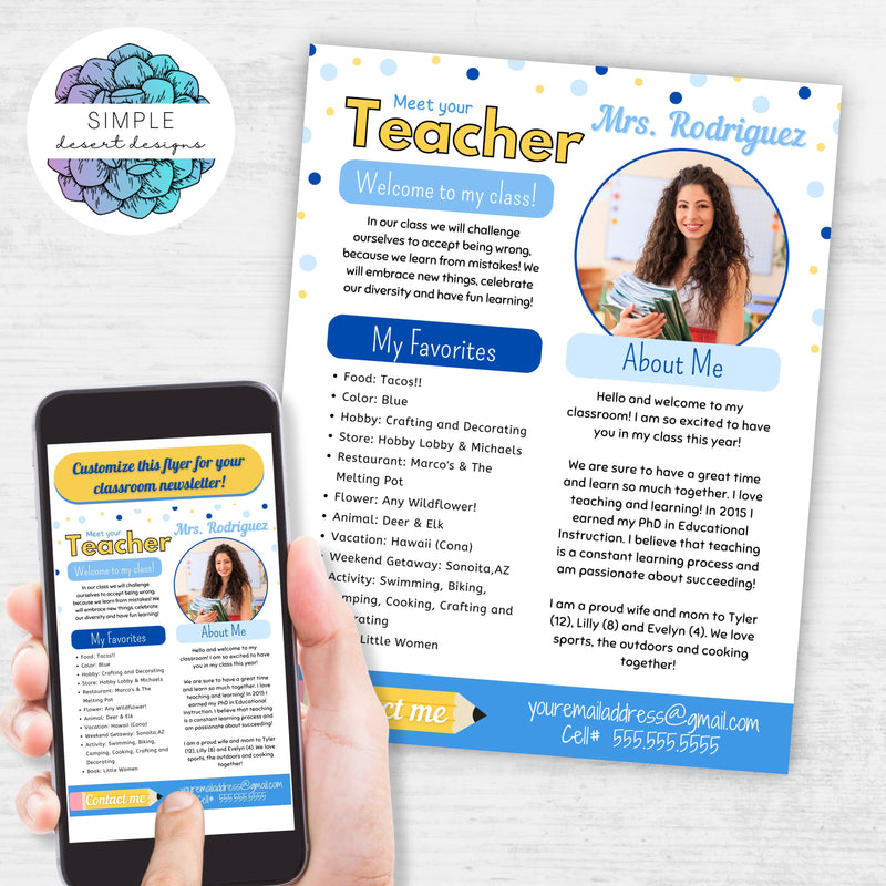 blue polka dot color changing meet the teacher newsletter flyer template