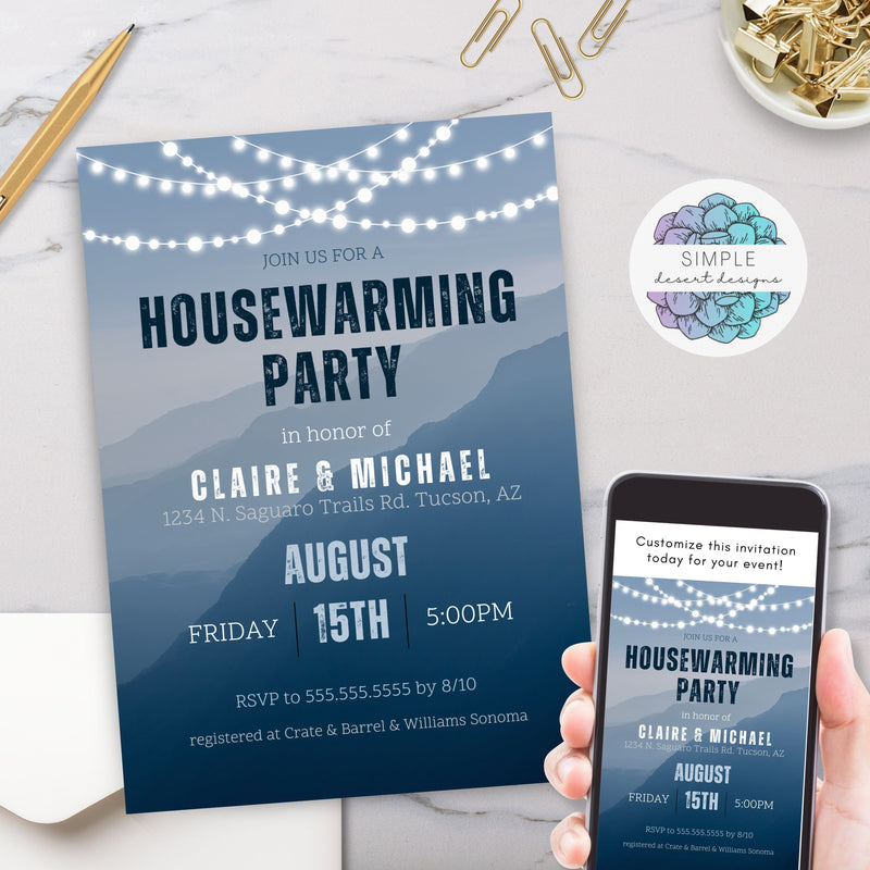 elegant blue mountains and string lights theme house warming party invitations