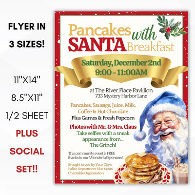 pancakes with blue santa event flyers