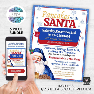 editable blue santa pancake breakfast flyers for law enforcement charity events