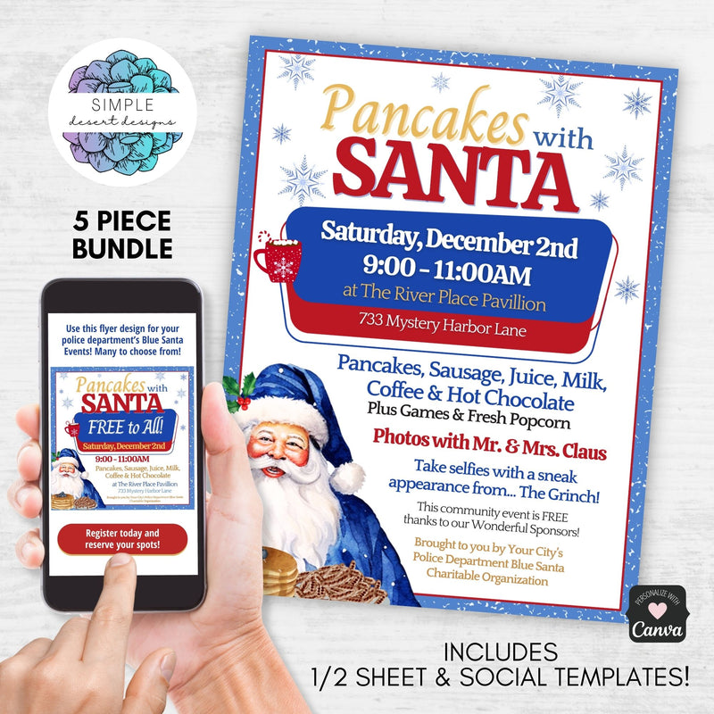 editable blue santa pancake breakfast flyers for law enforcement charity events