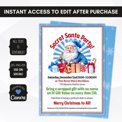 snow and santa theme secret santa party invites