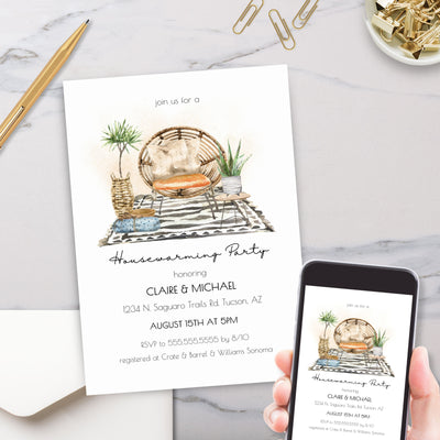 modern bohemian housewarming dinner party invitation template