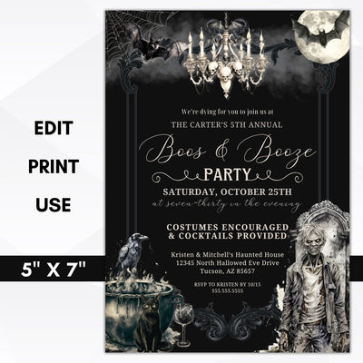 spooky theme black and white boos and booze theme halloween party invitations for adults