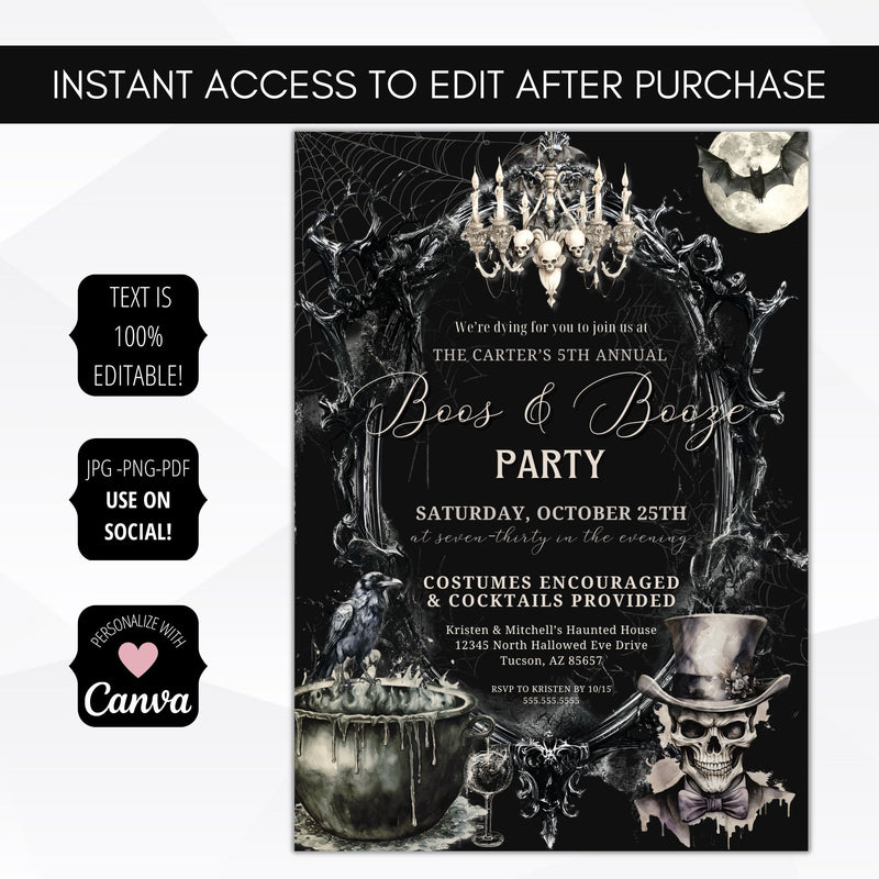 vintage boos and booze halloween party invitation for adults