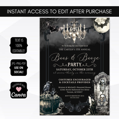 vintage elegant halloween party invitations with bats, cauldron and mummy