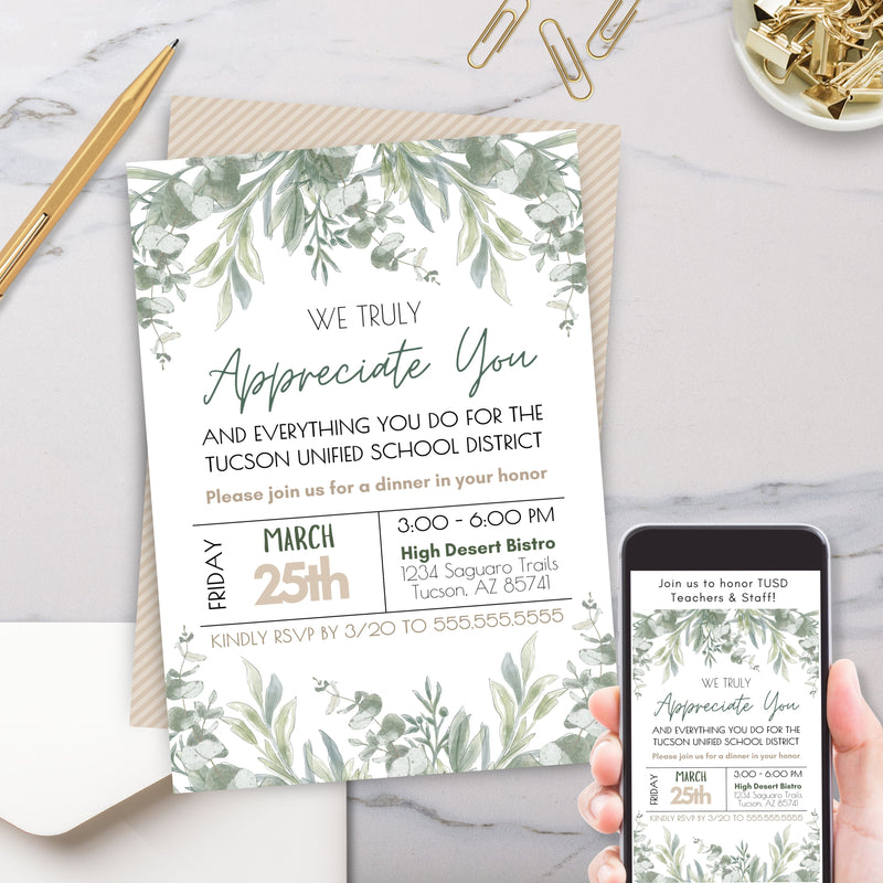 elegant botanical greenery invitation for employee staff appreciation event or retirement reception