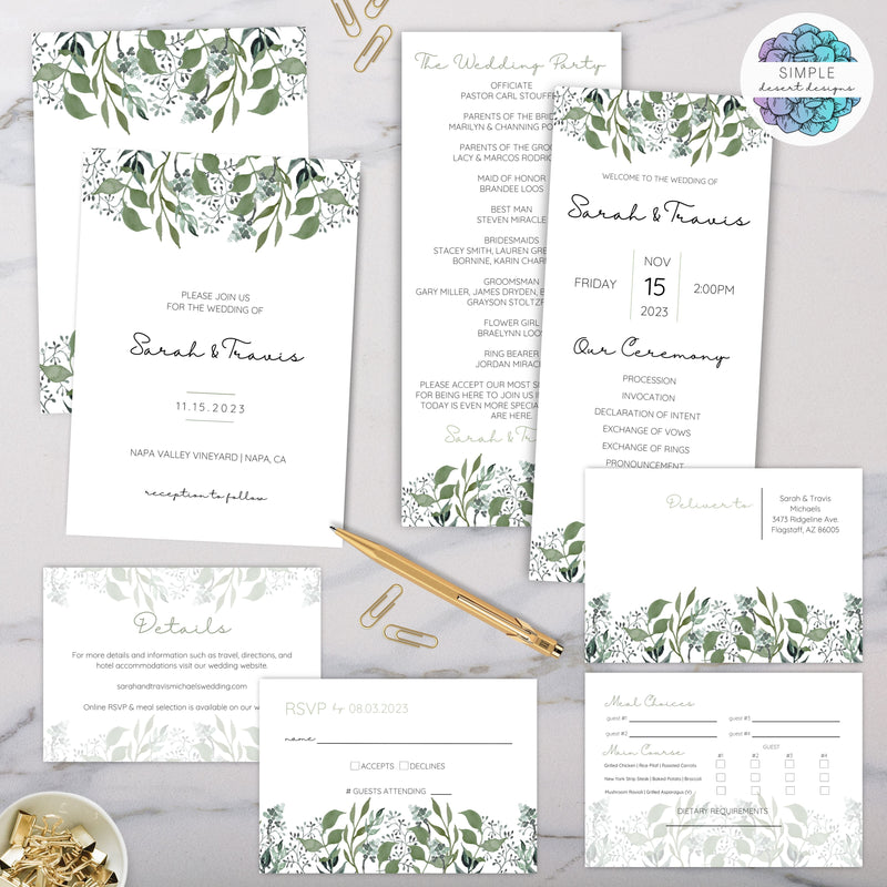 all in one printable botanical greenery outdoor wedding invitation suite with rsvp meal and program cards included