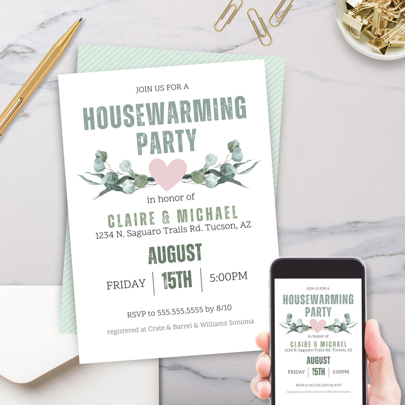 eucalyptus and heart theme house warming party invitations