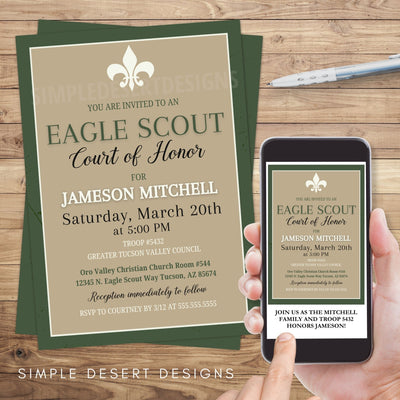 elegant simple khaki and green boy scouts court of honor invitation template