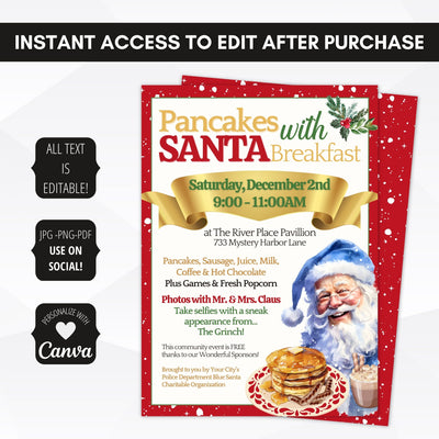 pancake breakfast with blue santa claus party invitations