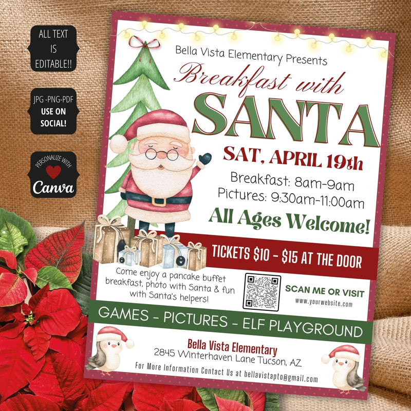 add your qr code to this cute breakfast with santa event flyer set