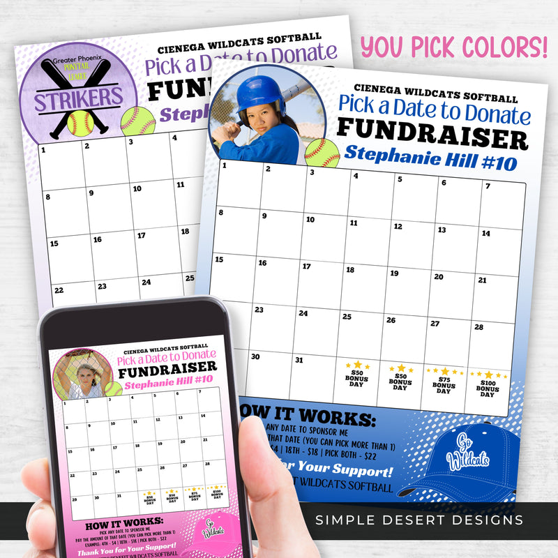 fully customizable softball calendar fundraiser template with photo or logo space and changing color scheme