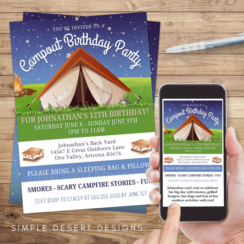 cute camping under the stars birthday party invitation