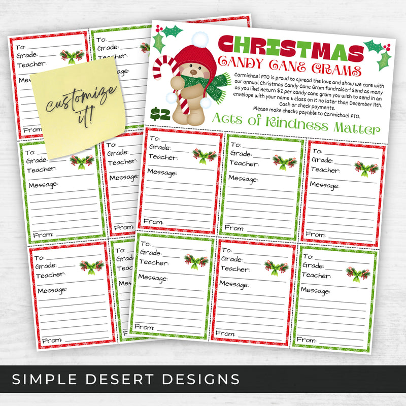 christmas candy cane grams fundraiser flyer and candy gram sheet for in person sales