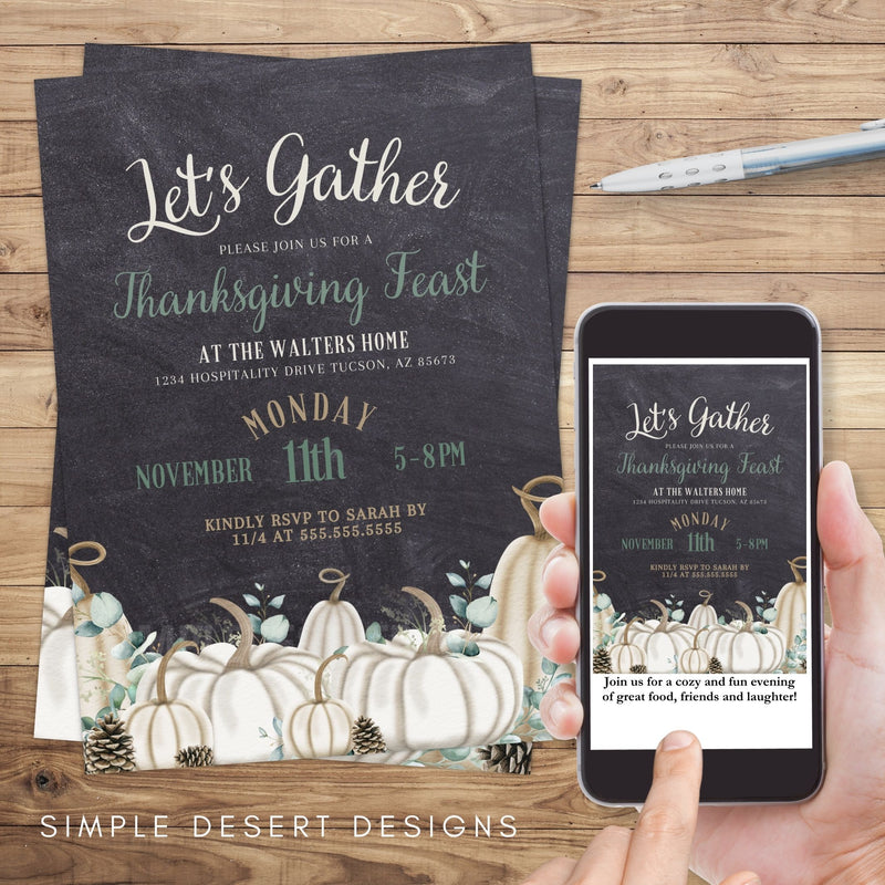 custom farmhouse chalkboard theme fall pumpkins and grourds with pinecones party invitations