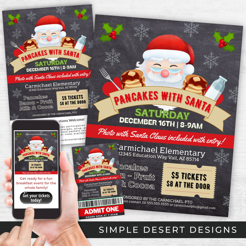 pancake breakfast with santa flyers and tickets with social media post templates